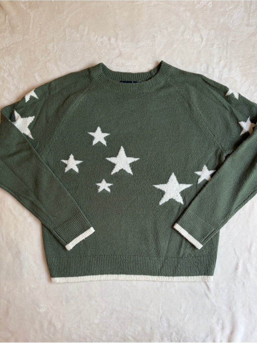 Erika Celestial Star Pattern Raglan Knit Pullover Sweater – Green White - Sz M